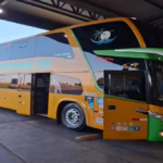 Fotografia em ângulo diagonal de um ônibus de viagem de dois andares, modelo "Double Decker", estacionado sob uma cobertura rodoviária. A carroceria é predominantemente amarela com detalhes em verde-claro na frente e no teto. Na lateral, lê-se "DOMINGUINHOS TUR" em letras azuis, acompanhado por ilustrações de praias e aves. A porta dianteira está aberta e os faróis estão acesos.